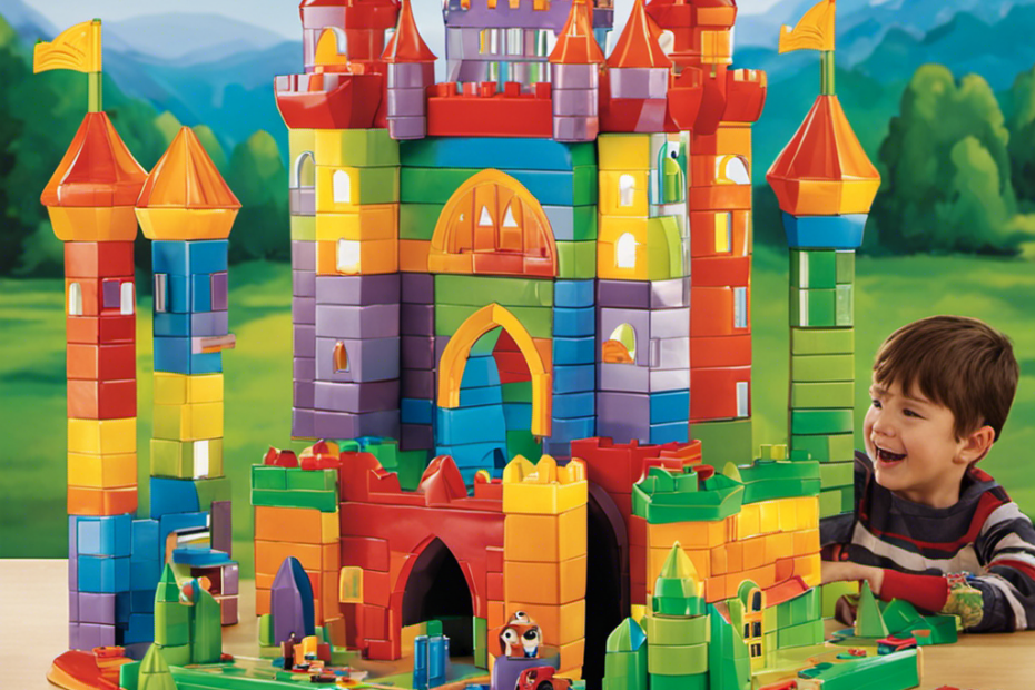 An image showcasing a colorful arrangement of magnetic tiles, forming a towering castle with arches, turrets, and a drawbridge