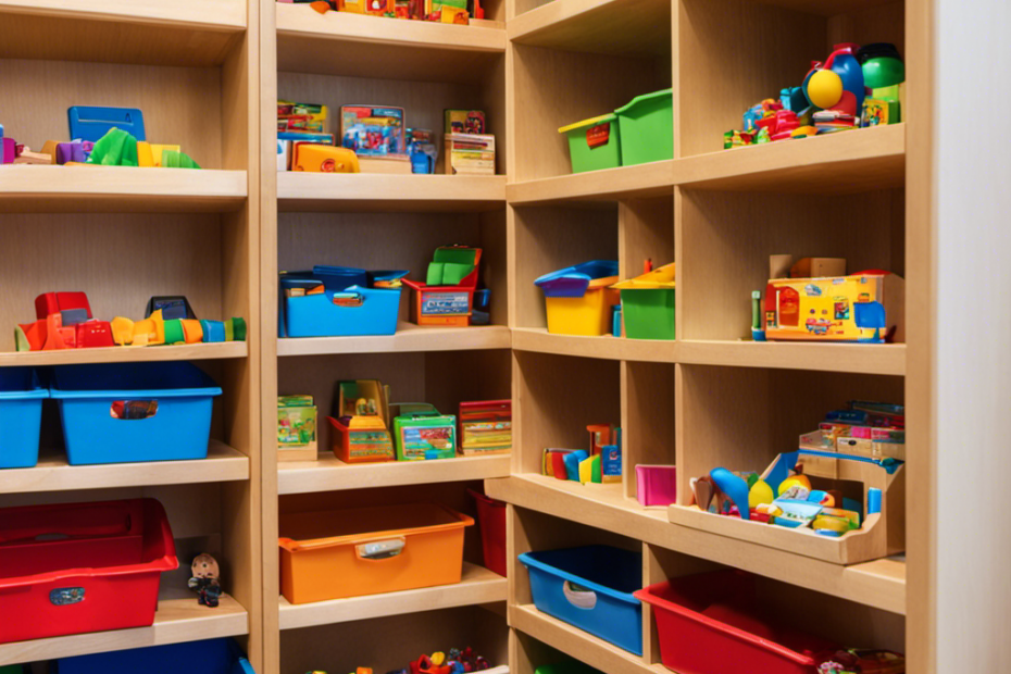 An image showcasing a neatly arranged preschool toy shelf, with labeled bins for easy categorization