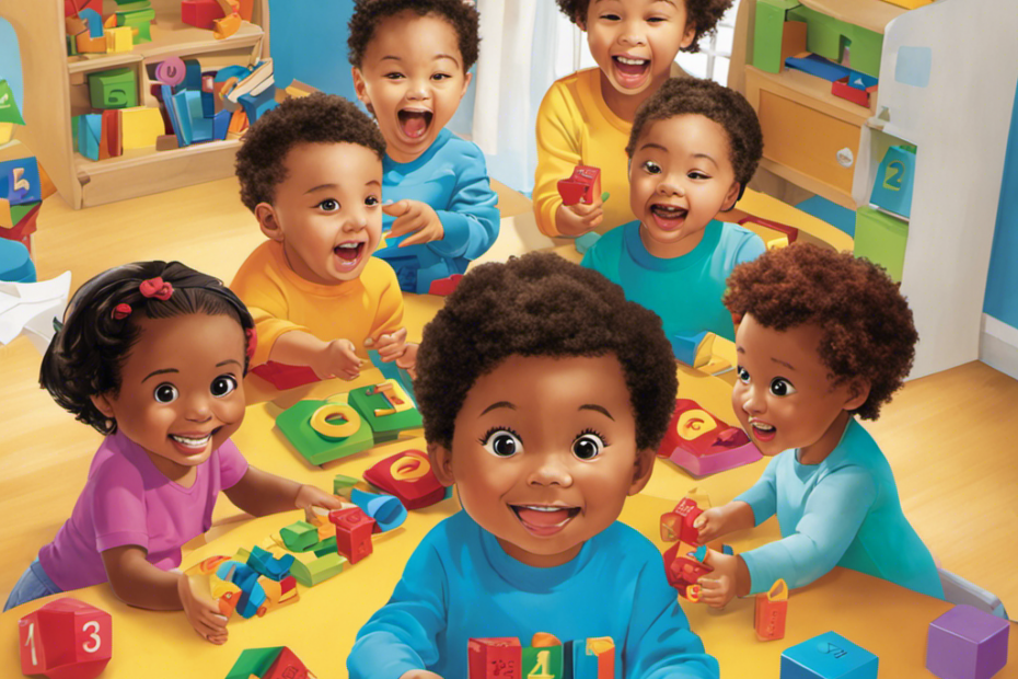 An image showcasing a diverse group of preschoolers eagerly playing with colorful math toys, their faces filled with wonder and excitement as they engage in hands-on learning experiences