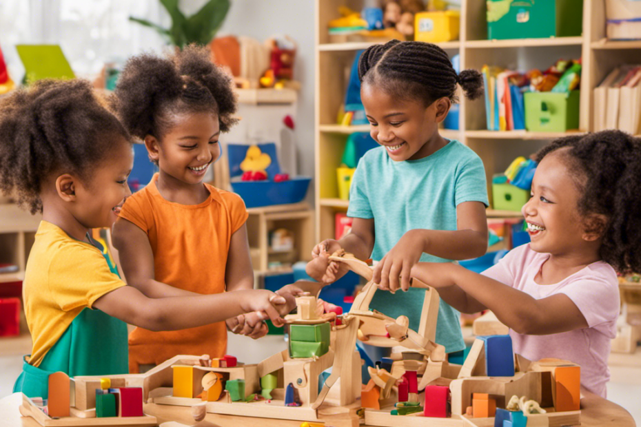 An image showcasing a diverse group of children happily engaged in hands-on Montessori activities, surrounded by a variety of donated toys