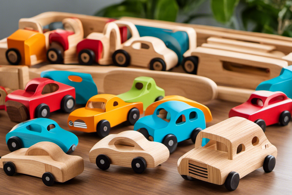 An image showcasing a vibrant Montessori car toy set, with beautifully crafted wooden vehicles in various shapes and sizes, engaging children in imaginative play