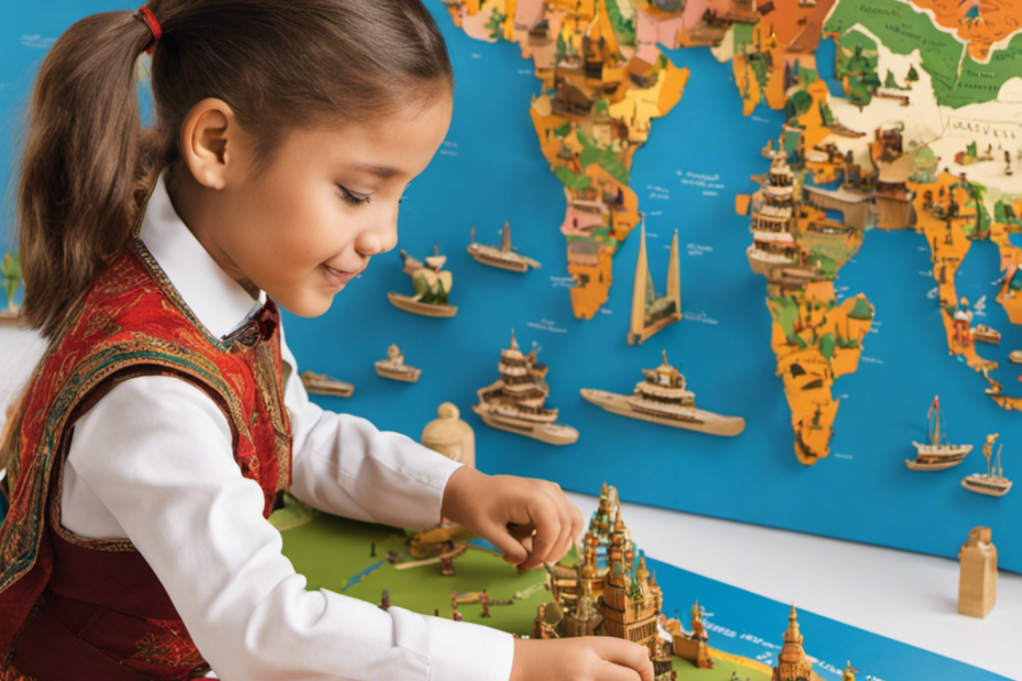 An image showcasing diverse Montessori cultural activities, with children engaged in a vibrant world map puzzle, traditional costumes, global musical instruments, and hands-on exploration of artifacts from various countries
