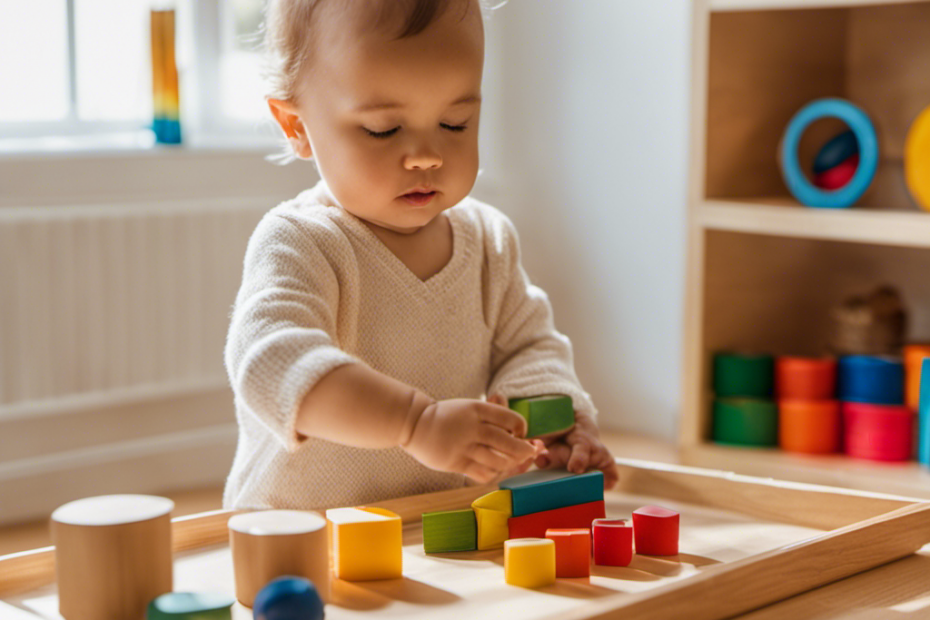 An image capturing the essence of Montessori education, depicting an infant confidently sorting vibrant objects on a low shelf, surrounded by warm, natural light, and engaging with a beautifully crafted Montessori material