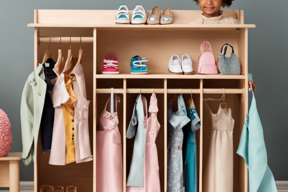 An image showcasing a sleek wooden dress-up wardrobe filled with pint-sized designer outfits, chic accessories, and trendy shoes, perfectly capturing the Montessori-inspired blend of fashion and imaginative play