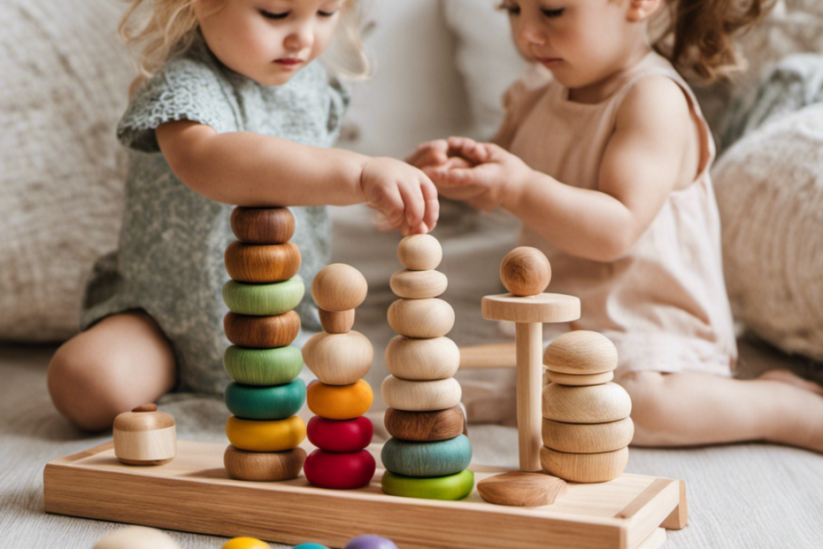 An image featuring a rustic wooden shelf adorned with beautifully crafted Montessori-inspired toys - a colorful stacker, a sensory puzzle, and a set of natural building blocks - inviting little hands to explore and learn through play