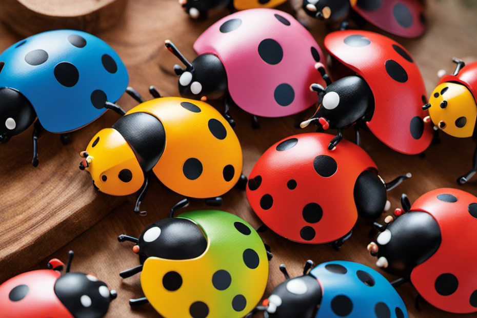 An image showcasing a vibrant Montessori Ladybug Toy: an array of colorful wooden ladybugs with numbered dots on their backs, engaging young children in hands-on learning experiences for early math skills