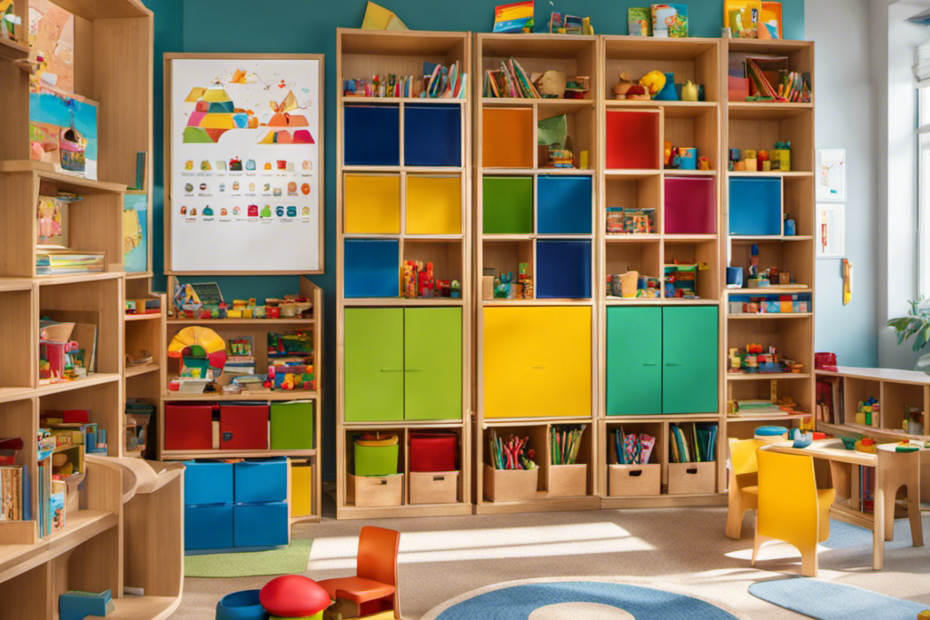 An image of a vibrant Montessori classroom, filled with colorful educational materials neatly arranged on low shelves