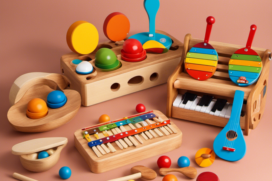 An image showcasing a vibrant Montessori-inspired musical toy collection, featuring a diverse range of instruments like xylophones, drums, and maracas, evoking joy and expression, while stimulating cognitive and emotional growth