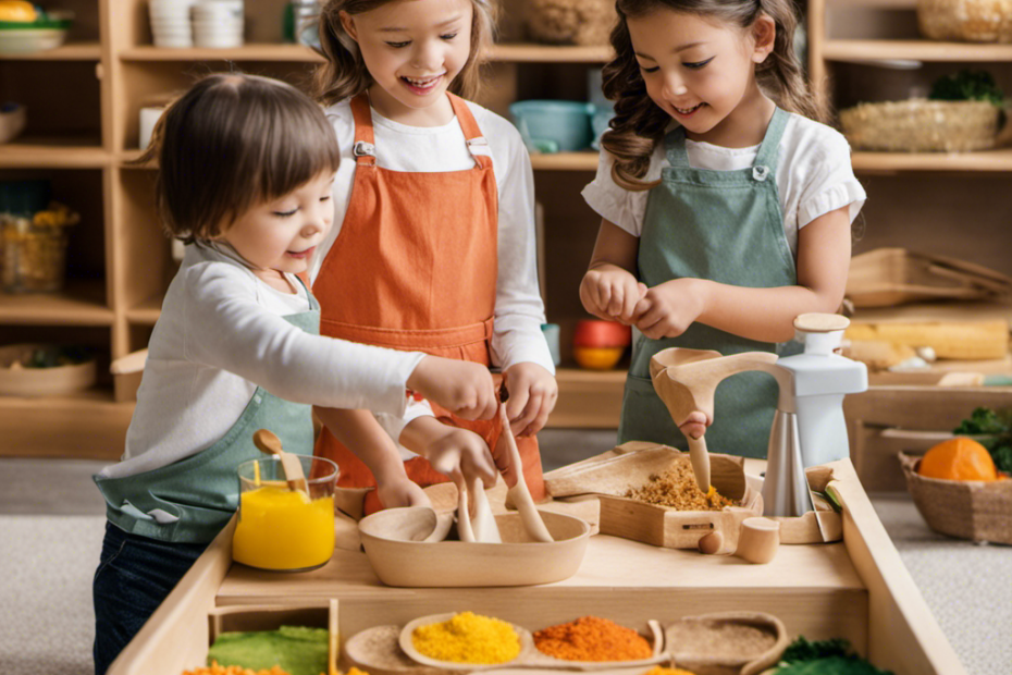 An image showcasing young children working together in a Montessori classroom, engaged in practical life activities like pouring, sweeping, and preparing snacks, fostering skills, independence, and collaboration