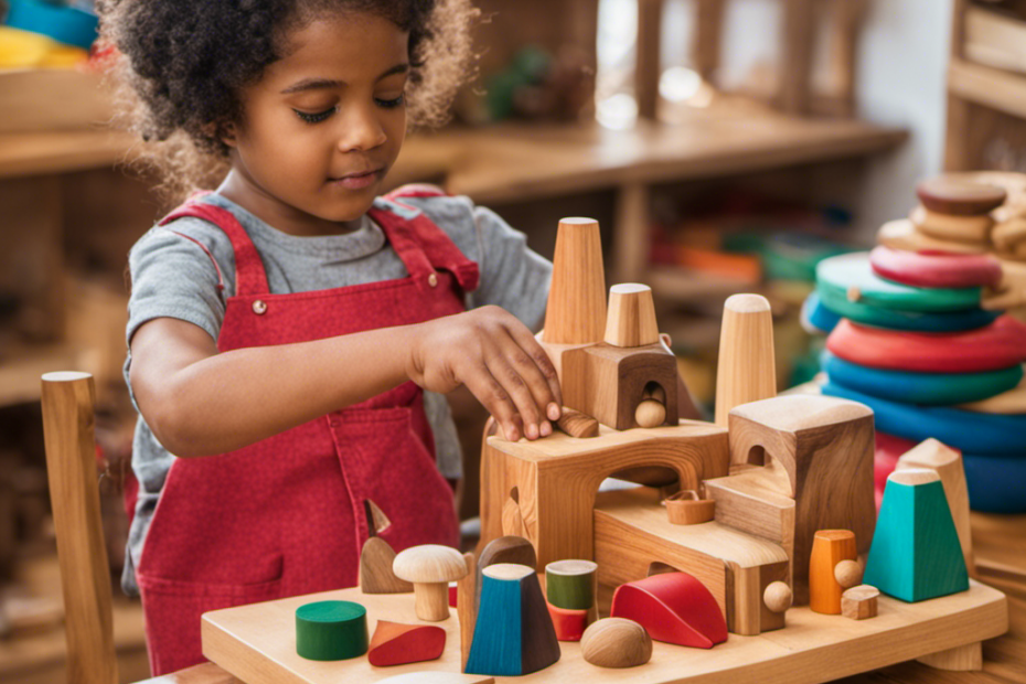 An image showcasing skilled artisans handcrafting Montessori toys using traditional woodworking techniques, surrounded by sustainably sourced materials