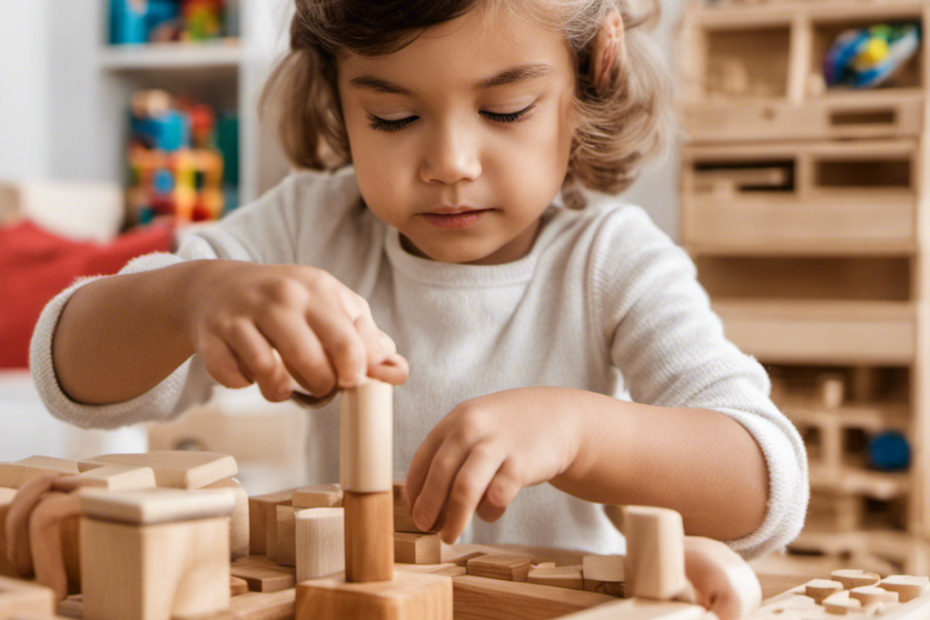 An image showcasing a five-year-old engrossed in a Montessori toy, their hands carefully manipulating wooden blocks, while their face radiates curiosity and focus, a testament to the enriching power of Montessori toys