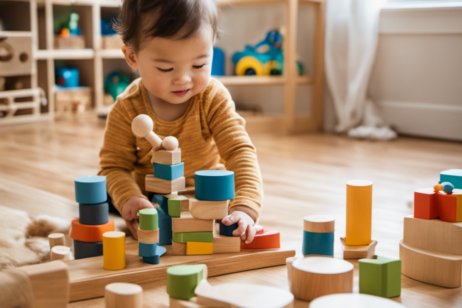 An image showcasing a cheerful 1-year-old boy happily exploring a Montessori-inspired playroom filled with engaging wooden puzzles, shape sorters, sensory bins, stacking toys, and a soft play mat for safe exploration