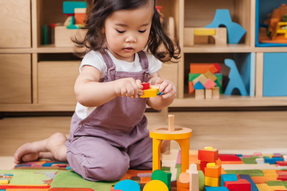 An image of a curious 2-year-old girl sitting on a colorful Montessori playmat, surrounded by wooden puzzles, stacking blocks, and sensory toys