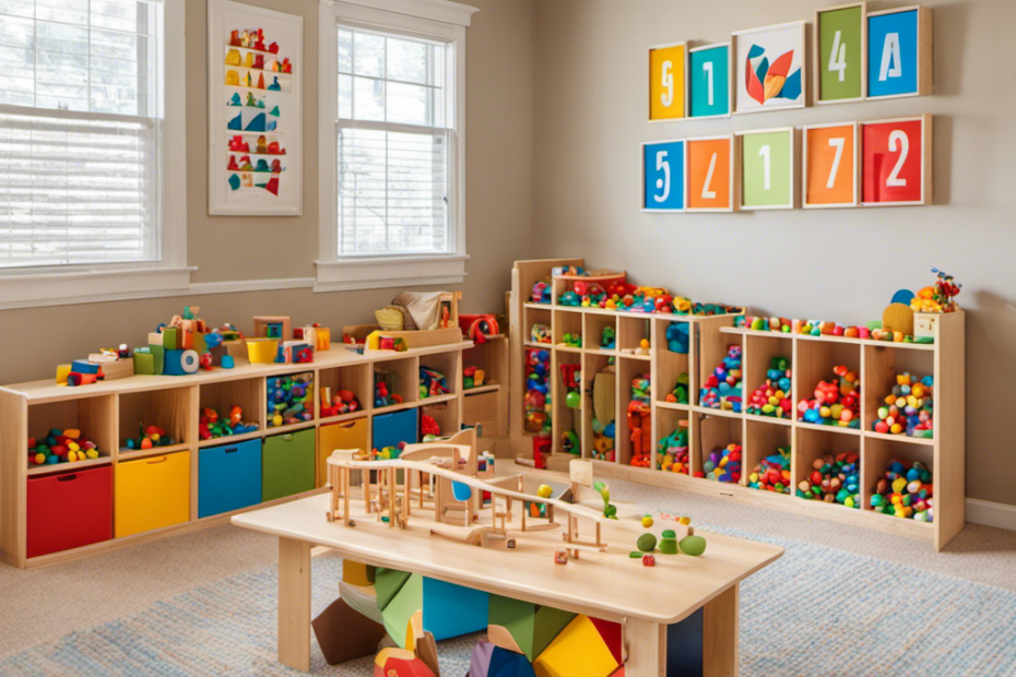 An image of a cozy playroom with a colorful Montessori toy shelf, showcasing a variety of safe, engaging, and educational toys like wooden puzzles, stacking blocks, sensory bins, and counting beads