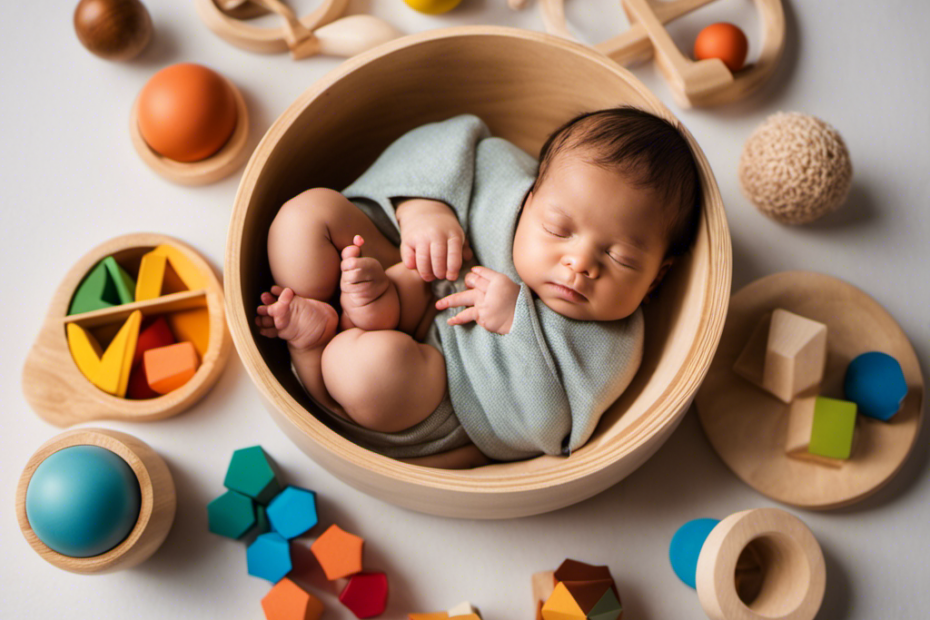 An image showcasing a newborn surrounded by a variety of Montessori toys, such as a mobile with colorful geometric shapes, a wooden rattle, and a soft sensory ball, encouraging their developmental growth and fostering a sense of autonomy