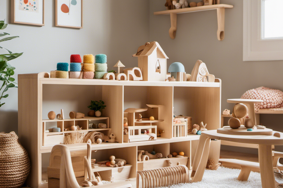 An image showcasing a cozy Montessori-inspired playroom with shelves filled with wooden puzzles, stacking toys, sensory bottles, and a soft rug for a crawling baby, inviting them to explore, learn, and grow