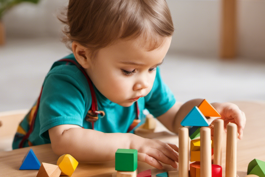 An image depicting a toddler engrossed in a wooden puzzle, concentrating intensely as they carefully match colorful geometric shapes, showcasing how Montessori toys cultivate problem-solving skills and foster cognitive development through play