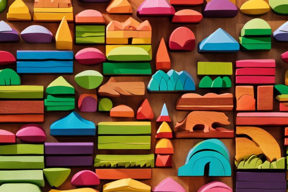 An image showcasing an array of vibrantly colored, intricately carved wooden stacking blocks, each uniquely shaped to resemble elements of nature like animals, plants, and landscapes
