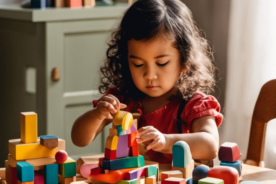 An image showcasing a toddler intently arranging colorful wooden blocks on a sunlit table, surrounded by handcrafted Waldorf toys, inspiring their imagination and fostering creativity and problem-solving skills