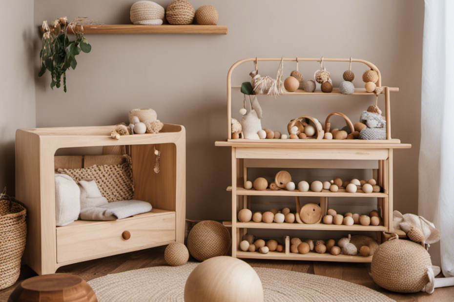 An image showcasing a cozy Montessori-inspired nursery with soft, natural materials