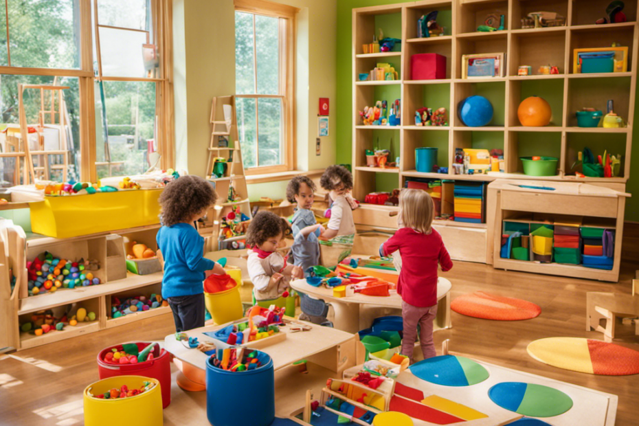 An image of a cheerful Montessori classroom filled with toddlers engrossed in hands-on activities, surrounded by colorful materials and natural light, sparking their boundless imaginations and nurturing their energetic spirits