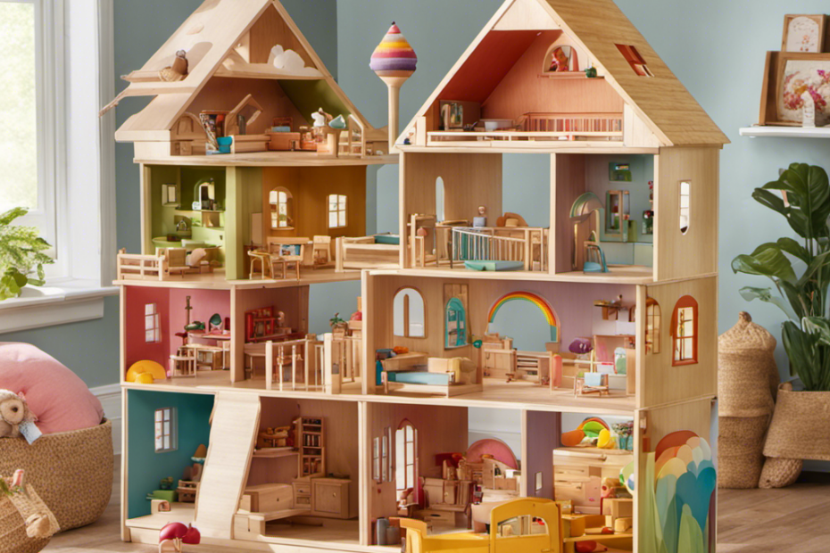 An image of a sunlit playroom, adorned with a wooden dollhouse, silk scarves cascading from a basket, a rainbow-hued wooden stacker, and a shelf bursting with nature-inspired toys, inspiring limitless worlds of imaginative play