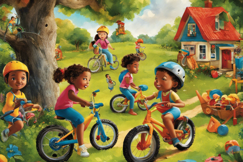 An image capturing the joy of children playing outdoors, showcasing a diverse group engaged in activities such as climbing trees, riding bikes, and playing with colorful toys, while surrounded by a safe and vibrant natural environment