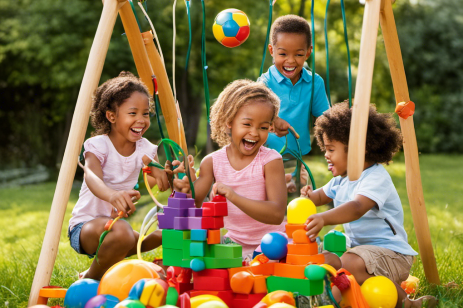 An image showcasing a group of preschoolers engaged in outdoor play, surrounded by a colorful assortment of toys such as jump ropes, hula hoops, soccer balls, and building blocks, highlighting the joy and skill development they experience