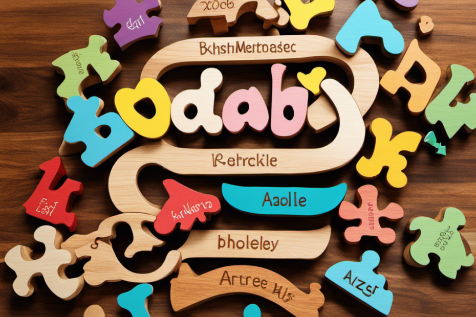 An image showcasing a personalized baby wood name puzzle, with vibrant colors and smooth edges, exuding safety