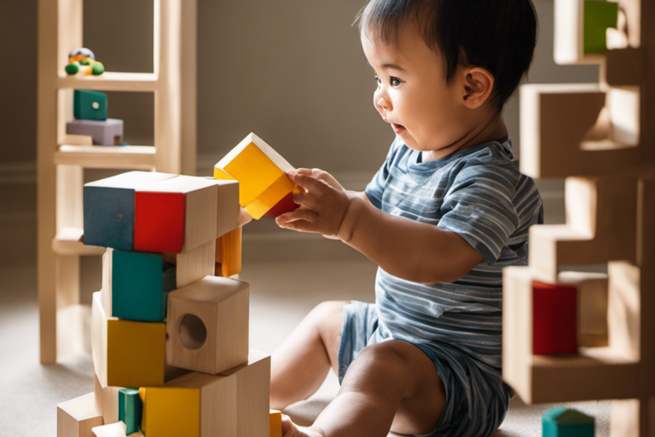 An image capturing a toddler happily playing with blocks, attempting to fit a square block into a round hole, while a stuffed toy peeks out from behind a curtain, illustrating Piaget's concepts of assimilation, play, and object permanence