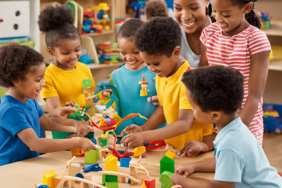 An image showcasing a diverse group of preschoolers engaged in a variety of hands-on activities, surrounded by colorful educational toys, fostering curiosity, creativity, problem-solving, and social interaction