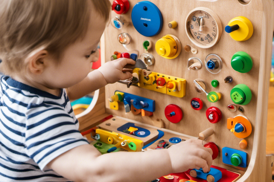 An image of a colorful, interactive portable busy board for toddlers, featuring various stimulating elements such as switches, buttons, locks, and latches, encouraging hands-on exploration and fostering cognitive development
