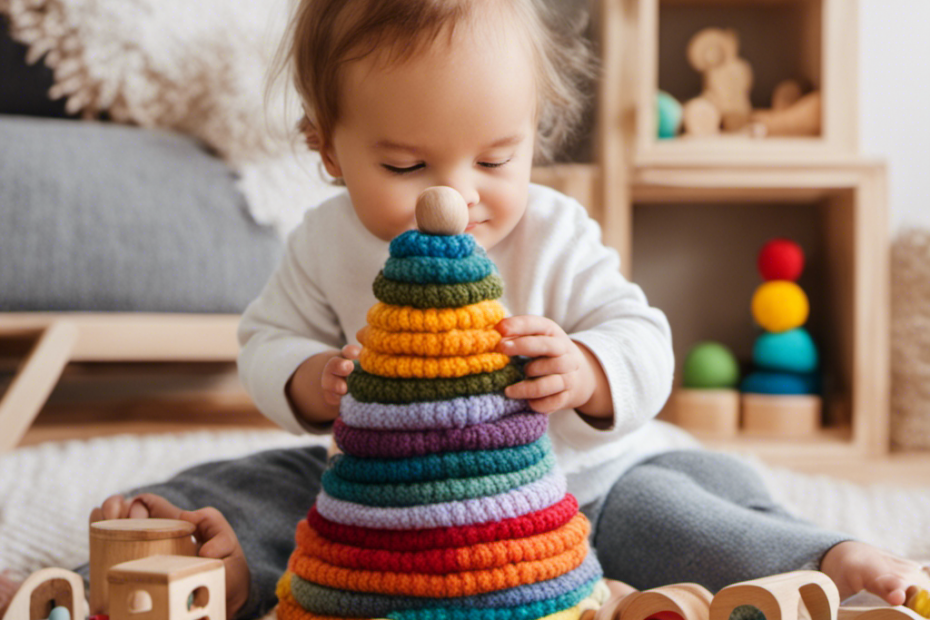 An image showcasing a toddler joyfully engaged in open-ended play with a wooden rainbow stacker, a soft knitted doll, and a handcrafted wooden train set, surrounded by a natural, whimsical backdrop