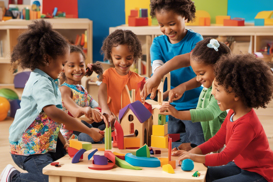 An image showcasing a diverse group of preschoolers eagerly engaged in hands-on play with cutting-edge educational toys, surrounded by vibrant colors, stimulating textures, and dynamic shapes, capturing the essence of revolutionized learning