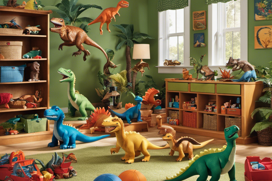 An image showcasing a vibrant playroom filled with a variety of dinosaur toys, ranging from realistic figures to interactive playsets, inviting children to embark on epic prehistoric adventures filled with imagination and roaring fun