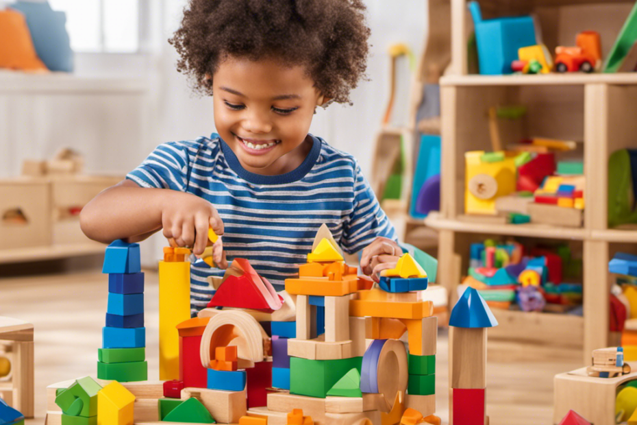 An image showcasing a cheerful preschooler joyfully playing with a variety of safe and educational toys such as colorful building blocks, interactive puzzles, imaginative playsets, and art supplies, reflecting their intellectual growth and curiosity