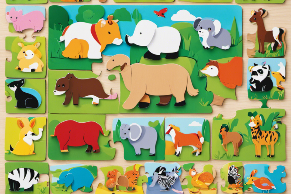 An image showcasing a colorful wooden jigsaw puzzle with large, smooth pieces featuring cute animal illustrations, designed to engage curious toddlers in a safe and educational playtime experience