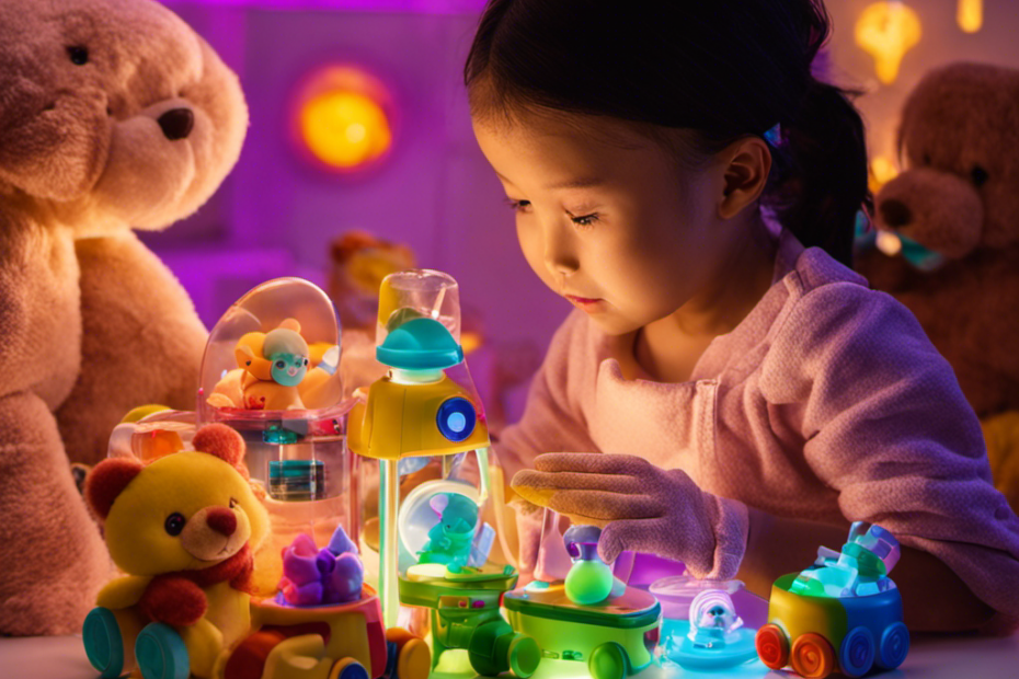 An image showcasing a parent carefully sanitizing a diverse collection of toys using a UV-C light sterilizer