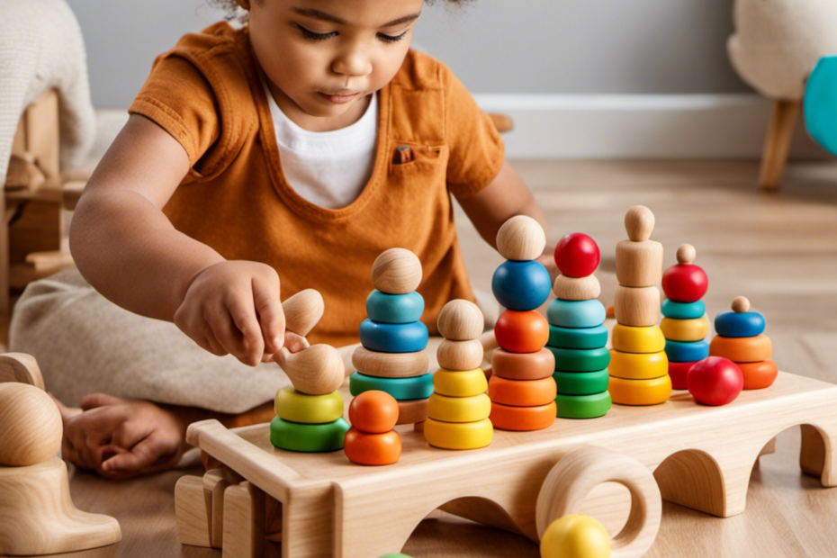 An image showcasing a beautifully crafted wooden sorting and stacking toy set