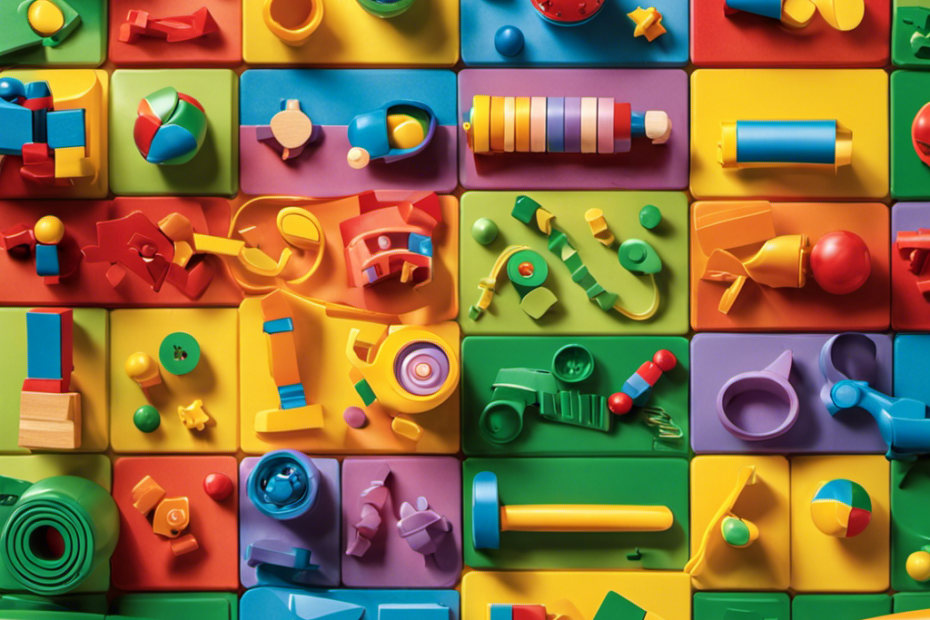 An image showcasing a variety of colorful preschool toys arranged in a neat and organized manner on a play mat
