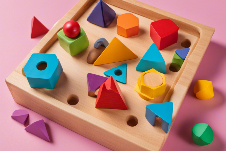 An image showcasing a wooden shape sorter with vibrant, contrasting colors, various geometric shapes, and a smiling baby's hand grasping a triangular block, engaging their senses, fine motor skills, and cognitive development