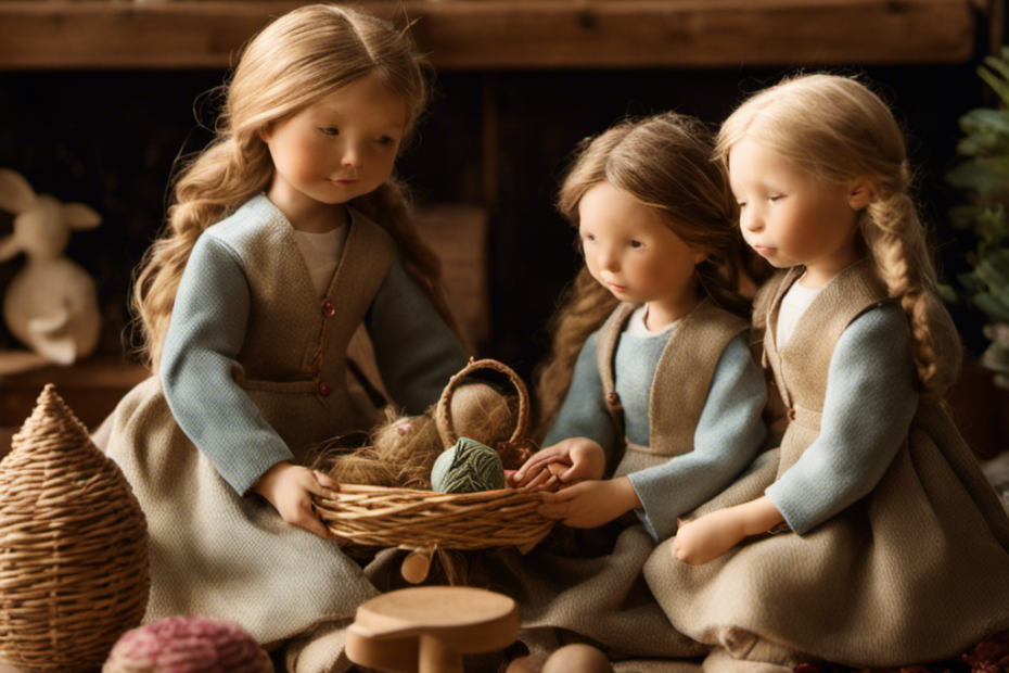 An image of three joyful sisters sitting in a sunlit room, surrounded by an enchanting display of handmade Waldorf toys made from natural materials, evoking a sense of sisterhood and sustainability