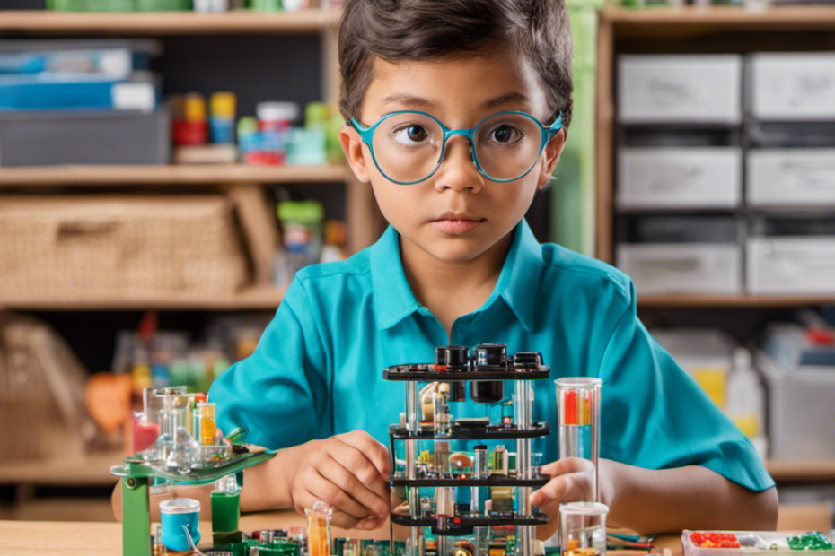 An image showcasing a young scientist, wide-eyed with wonder, as they eagerly explore a DIY STEM kit