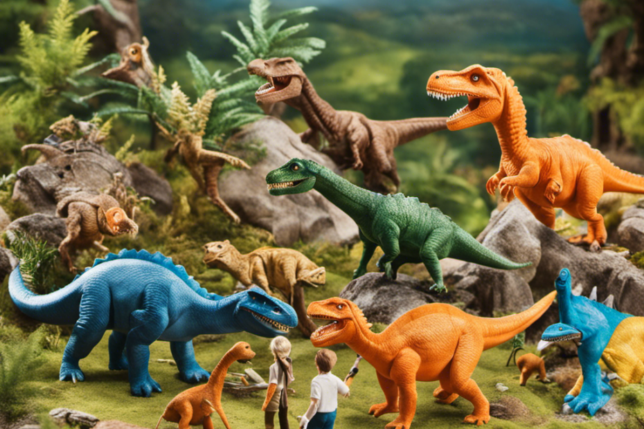 An image showcasing a vibrant, prehistoric landscape with a STEM Dinosaur Toy Set