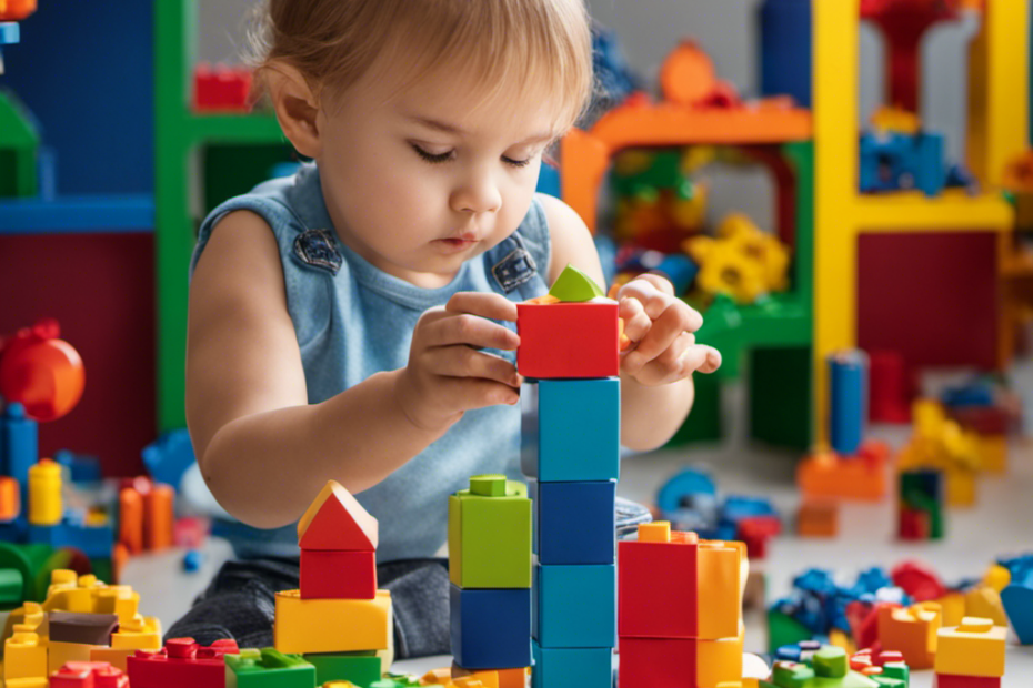 An image capturing a toddler's hands eagerly grasping colorful building blocks, while a magnifying glass rests nearby, highlighting their curiosity and fostering a love for STEM education