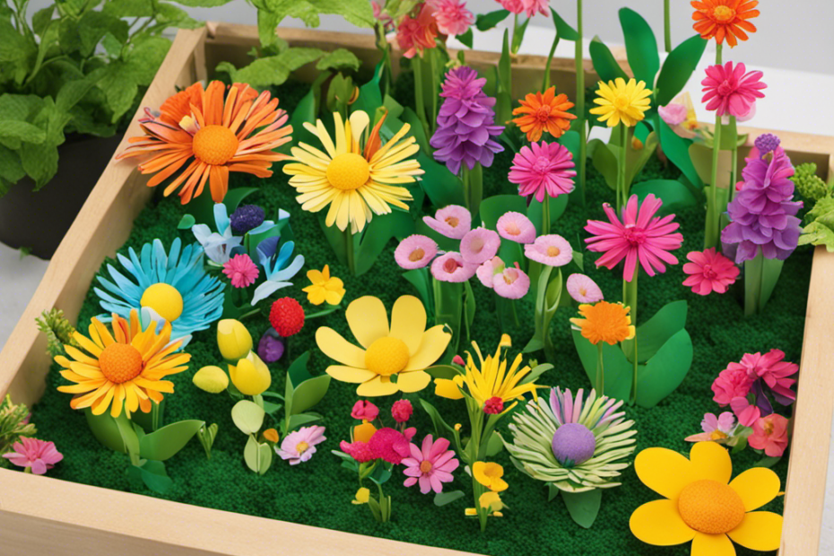 An image showcasing a vibrant, eco-friendly flower garden built using a STEM toy