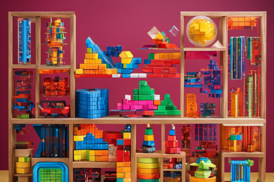 An image showcasing a diverse array of STEM puzzle toys, arranged neatly on a futuristic-looking display shelf