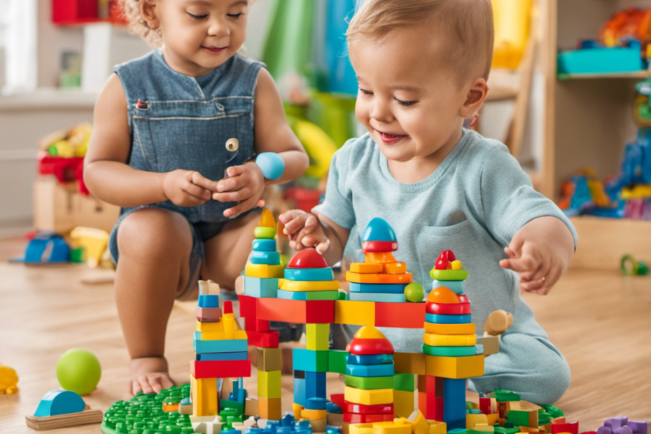 An image showcasing a colorful playroom filled with age-appropriate STEM toys like building blocks, puzzles, and sensory activities