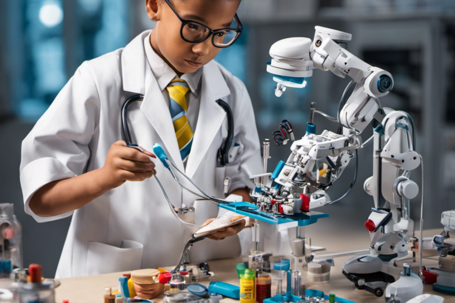 An image showcasing a young aspiring medic, wearing a lab coat, using a STEM toy kit