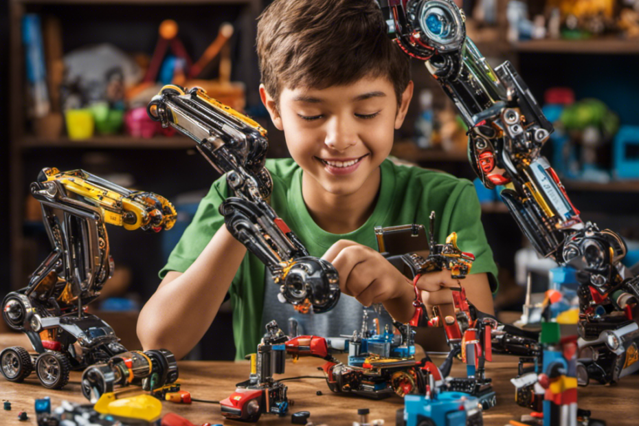 An image capturing the excitement of an 11-year-old, engrossed in building a robotic arm, surrounded by a colorful assortment of STEM toys, sparking their curiosity, and fueling their creativity